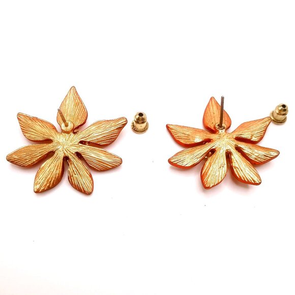 Poinsettia Earrings Red Enamel Rhinestones Gold Tone Pierced Ear Backing Earring - Picture 6 of 7